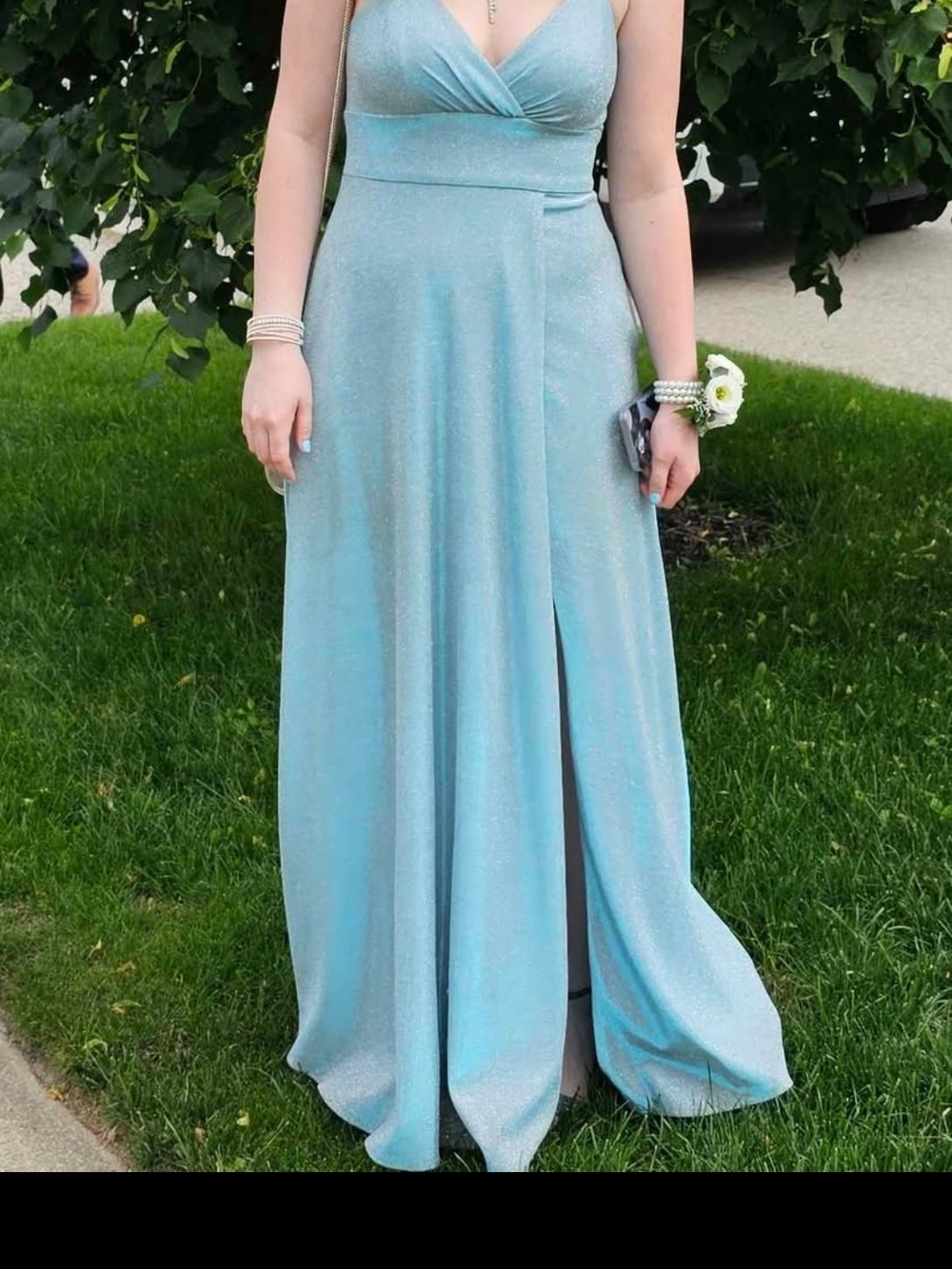 Shimmery Ice Blue V-Neck Prom Gown